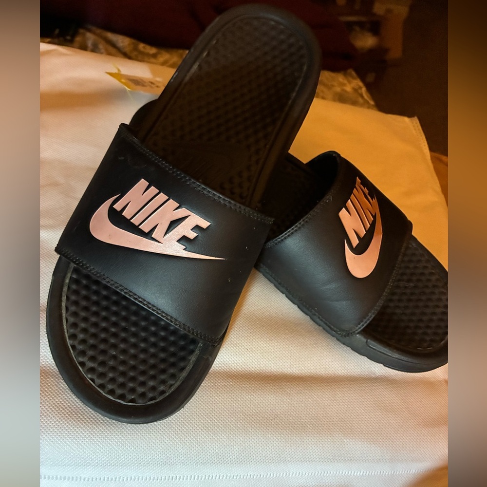 Nike Black and Pink Slide Sandals